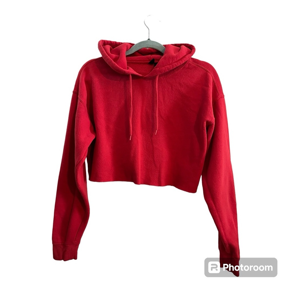 Urban Outfitters Cropped Frayed Hem Hoodie in Red Size Small.